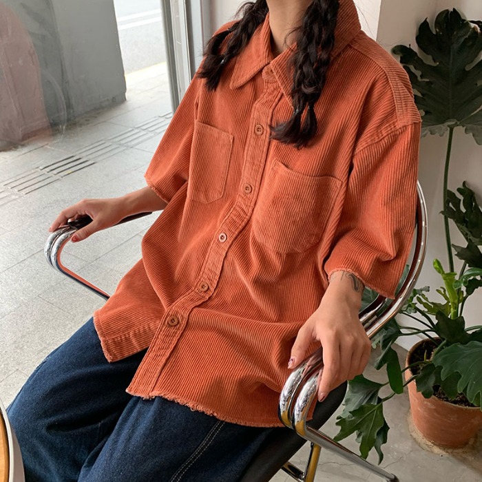 韓國(guó)ins復(fù)古港風(fēng)夏季燈芯絨口袋寬松休閑短袖襯衫男女潮